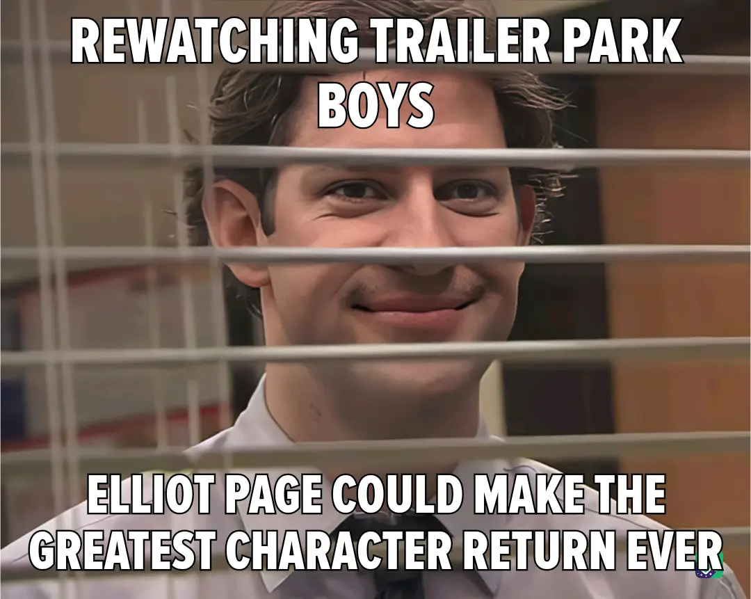 A man with a smug, satisfied smile peers through office blinds, overlaid with text stating 'REWATCHING TRAILER PARK BOYS' at…