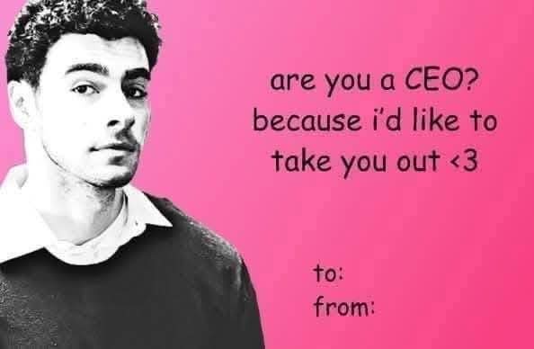 A black-and-white photo of a man with curly hair against a bright pink background. Overlaid text reads 'are you a CEO?…
