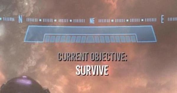 A screenshot from a video game shows a compass overlay with cardinal directions, and below it, the text 'CURRENT OBJECTIVE…