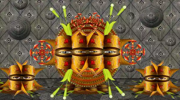 A surreal, symmetrical digital artwork features multiple golden, cylindrical figures with human eyes, arranged in a…