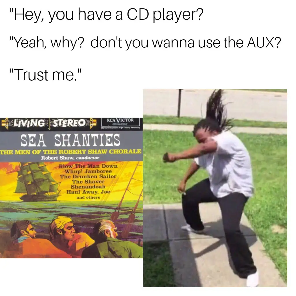 The image is split: left side shows an album cover for 'Sea Shanties' by The Men of the Robert Shaw Chorale, featuring a…