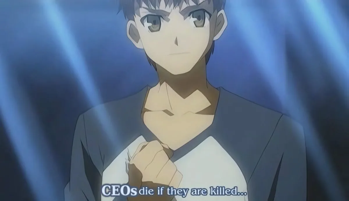 An anime character with short dark hair and a serious expression, wearing a grey and white shirt, is shown against a blue…