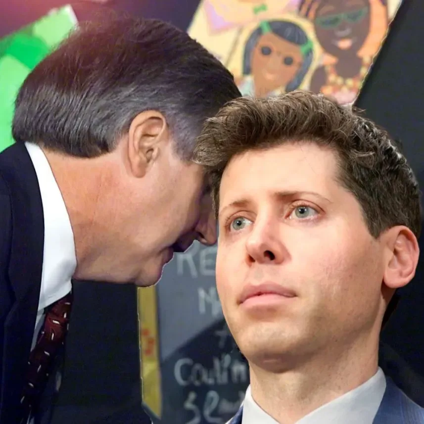 a man in a suit leans in close to whisper to another man who looks shocked and confused, with colorful artwork visible in…