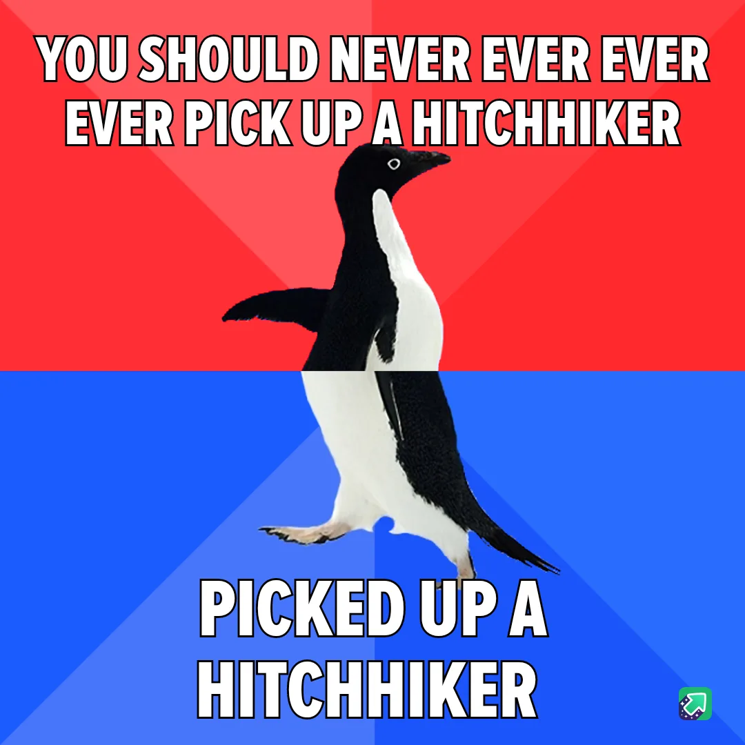 A black-and-white penguin stands centered against a red-and-blue split background. The top text reads 'YOU SHOULD NEVER EVER…
