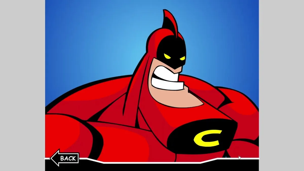 A cartoon superhero with a red suit, black mask, and yellow eyes, smiling menacingly with a yellow 'C' on his chest. The…