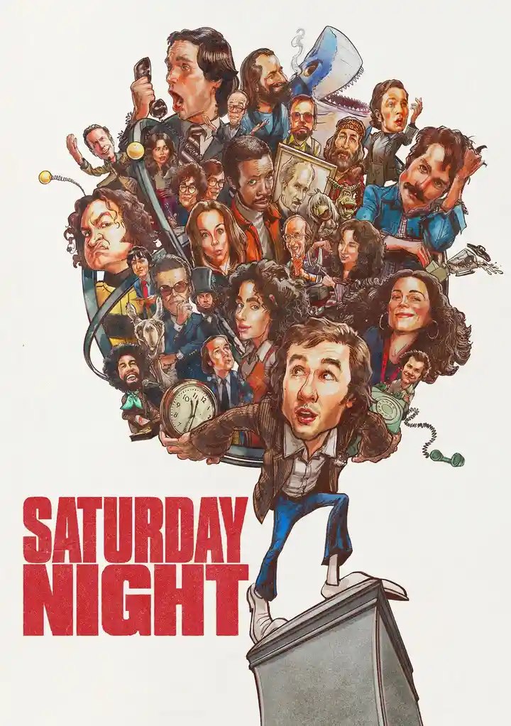A colorful, crowded illustration shows a man in a brown jacket and blue pants standing on a TV set, holding a clock, with…