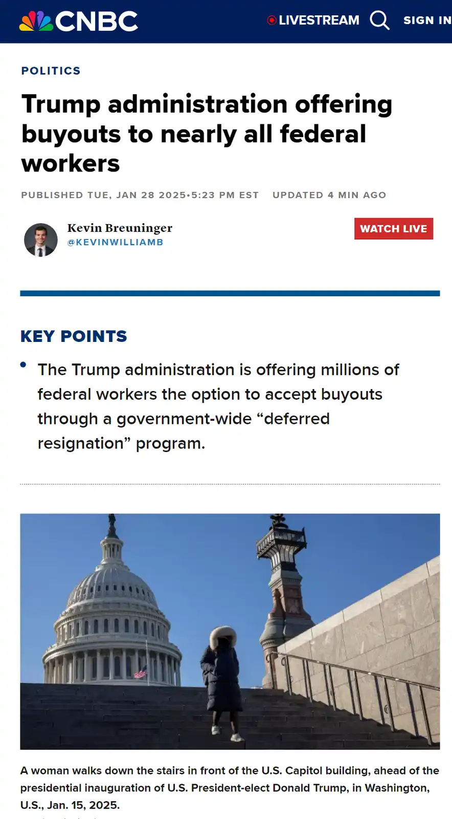 A screenshot of a CNBC news article from January 28, 2025, with the headline 'Trump administration offering buyouts to…