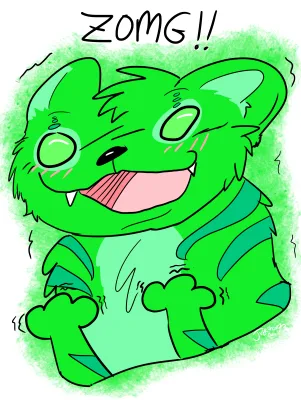 A cartoon green anthropomorphic animal with wide eyes, a big grin showing fangs, and a surprised or excited expression…