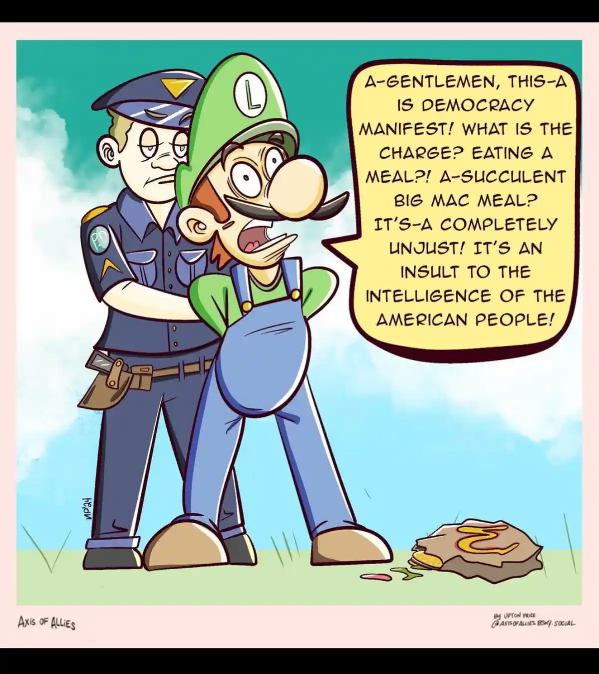 A cartoon Luigi is being arrested by a police officer, dramatically protesting his arrest over a discarded Big Mac meal on…