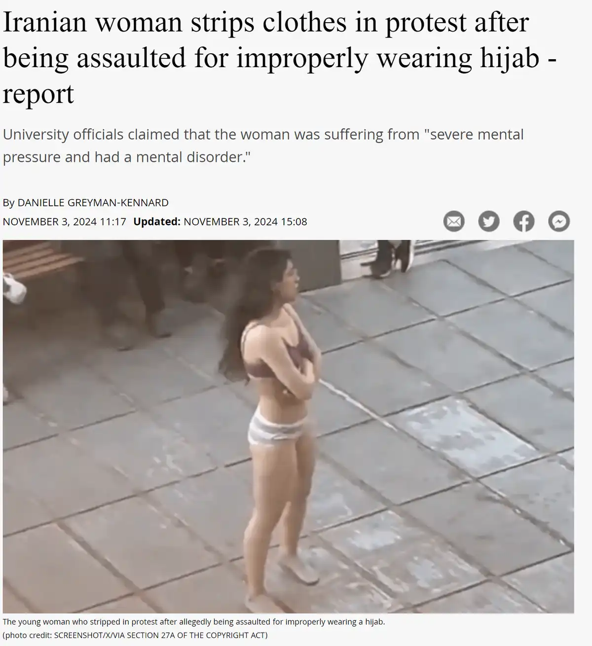 A screenshot from a news article shows a young woman standing on a paved sidewalk in minimal clothing, with the headline…