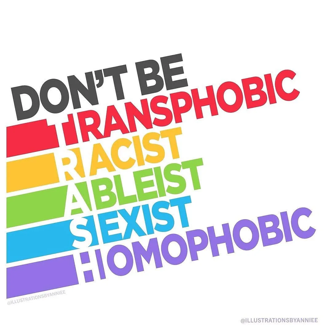 A graphic with text layered over rainbow-colored horizontal bars, reading 'DON'T BE TRANSphobic' on the top red bar…