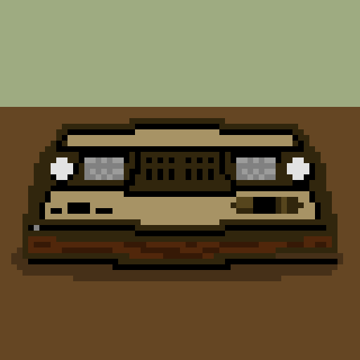 A low-resolution pixel art image shows a brown, beige, and black car viewed from the front, positioned on a brown ground…