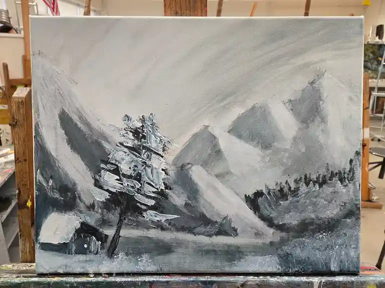 A monochrome painting on canvas depicts a snowy mountain landscape with a prominent tree and a small house, rendered in…