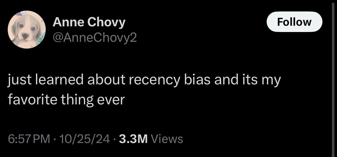 A screenshot of a social media post by user Anne Chovy, showing her profile picture of a puppy and her tweet text. The tweet…