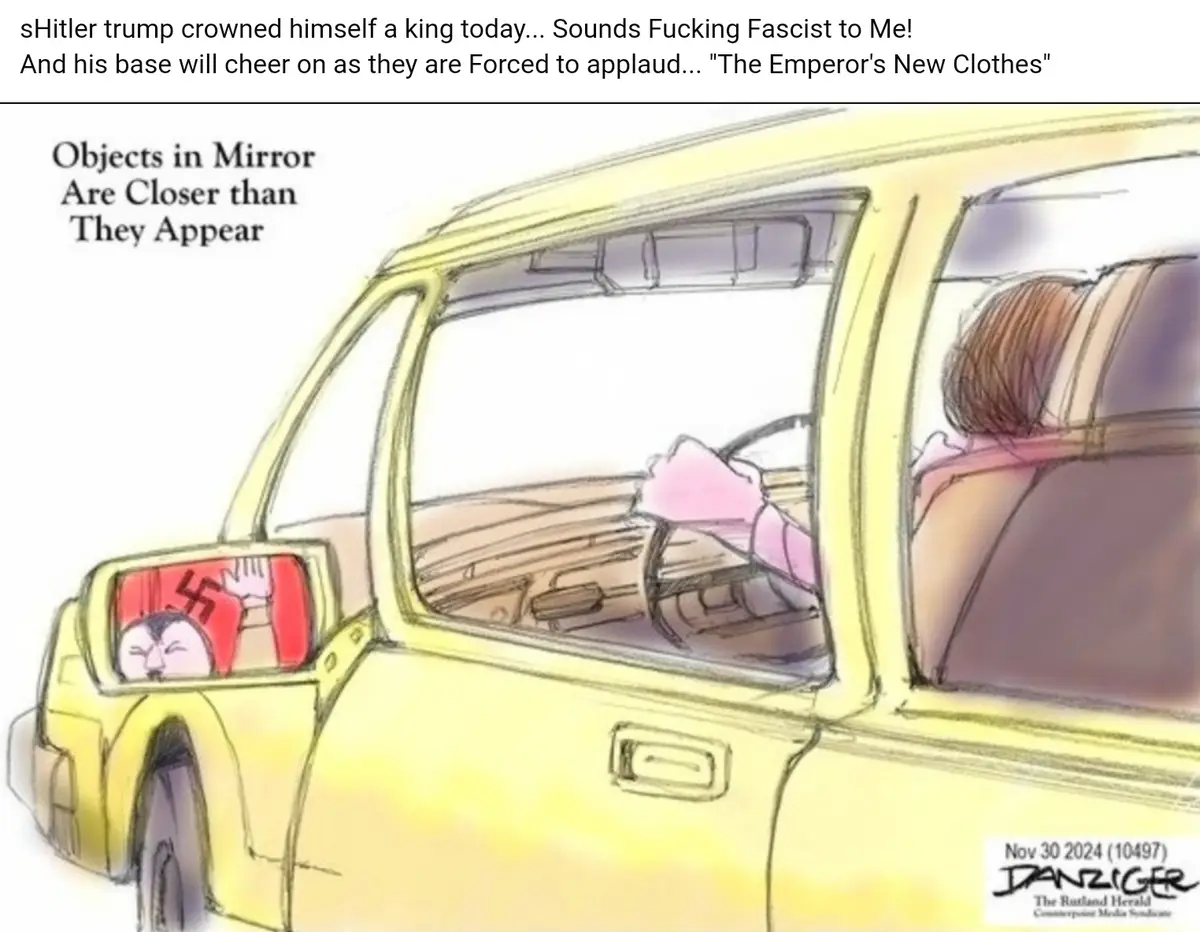 A cartoon depicts a yellow car with a woman driving, and the side mirror shows a distorted reflection of a man with a…