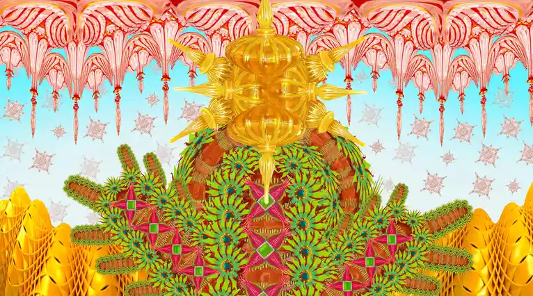 A surreal, psychedelic digital artwork featuring a central golden, spiked chandelier-like object hovering over a green…