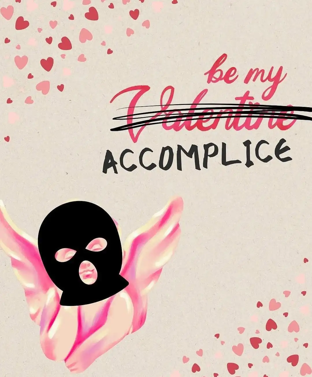 An illustration of a figure with pink wings and a black ski mask, set against a beige background with scattered pink hearts…