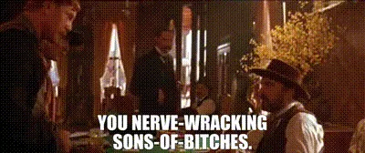 The image shows a repeating sequence of a scene from a Western movie where a man in a dark suit and hat stands in a saloon…