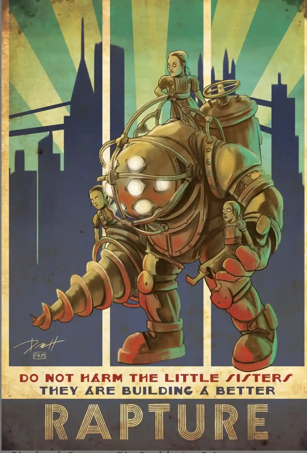 A vintage propaganda poster style image features a large, armored Big Daddy from the game Bioshock, carrying three Little…