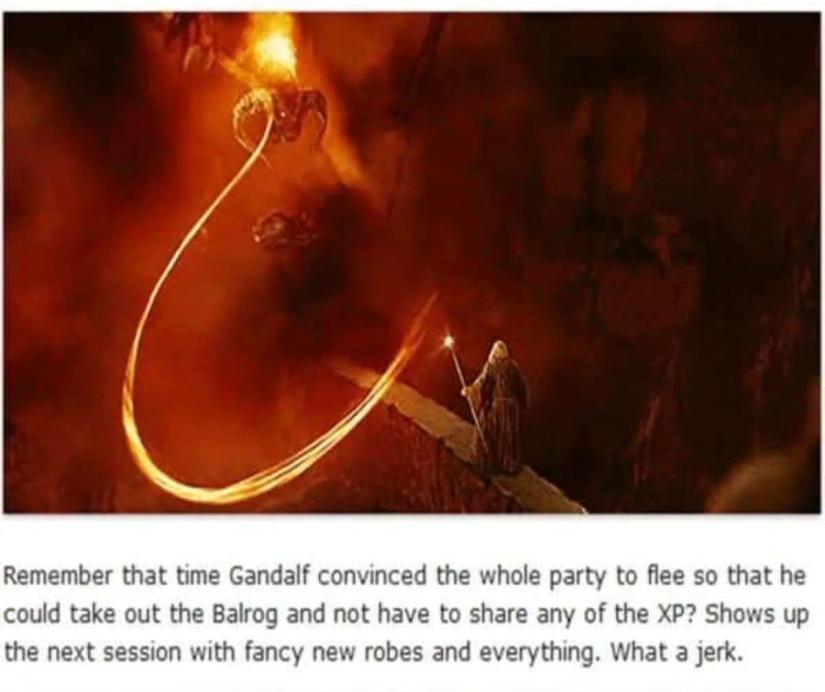 A scene from 'The Lord of the Rings' shows Gandalf standing on a ledge in a fiery, cavernous environment, facing a large…