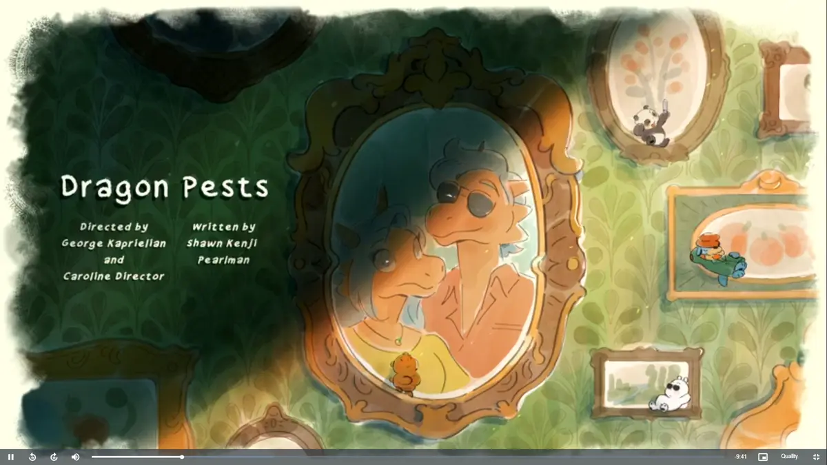 The image shows a title card from the animated short 'Dragon Pests,' featuring a large ornate mirror with a couple of…