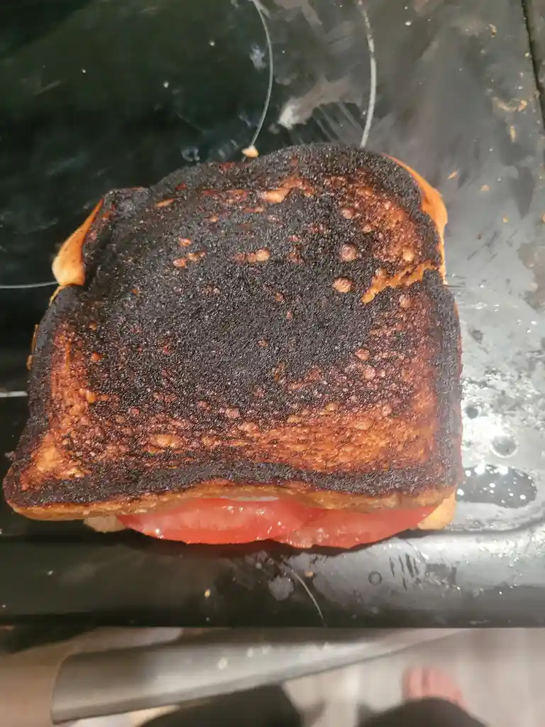 A close-up photo shows a sandwich with one slice of bread severely burnt to a black char, while the other slice and visible…