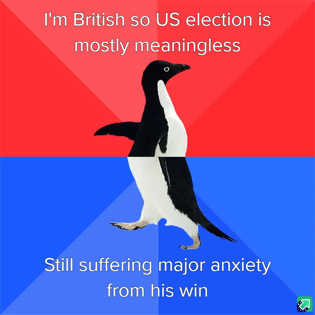 A penguin stands centered against a red and blue background split diagonally. White text at the top reads 'I'm British so US…