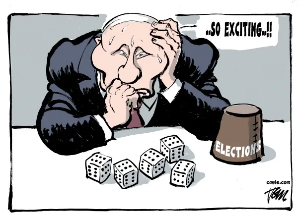 A cartoon depicts an elderly man in a suit, sweating and holding his head in frustration while staring at five dice on a…