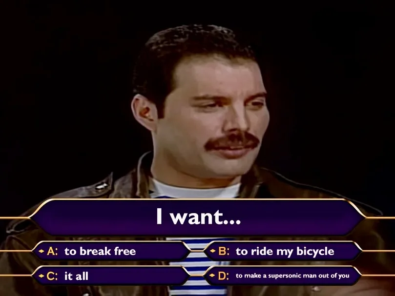 A still image of Freddie Mercury from Queen's 'I Want to Break Free' music video, overlaid with a multiple-choice quiz…