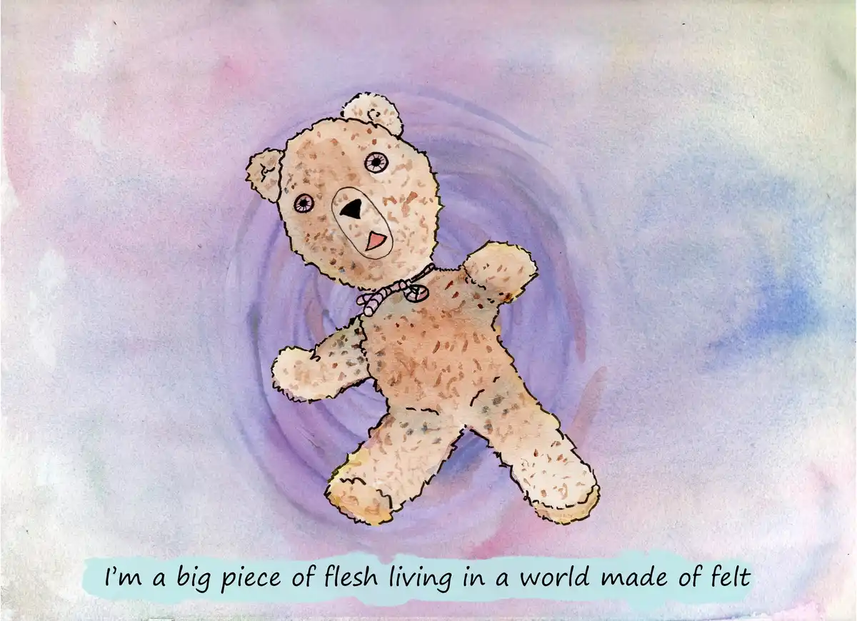 A watercolor illustration of a brown teddy bear with purple eyes and a pink bow, set against a swirling pastel background…