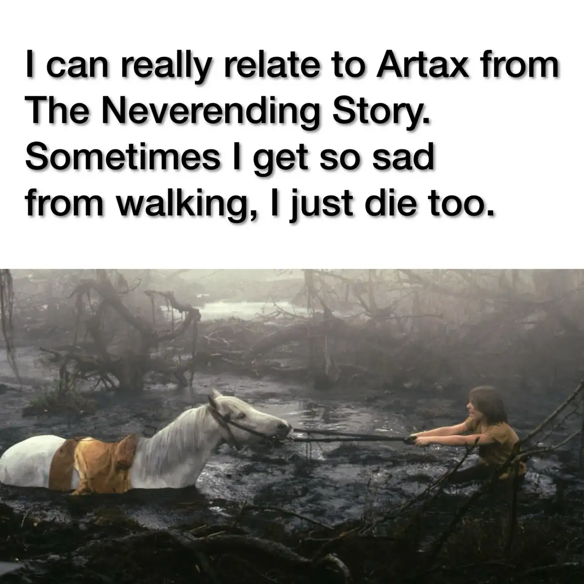 A still from The Neverending Story shows a young boy pulling a white horse named Artax through a muddy, desolate swamp. The…