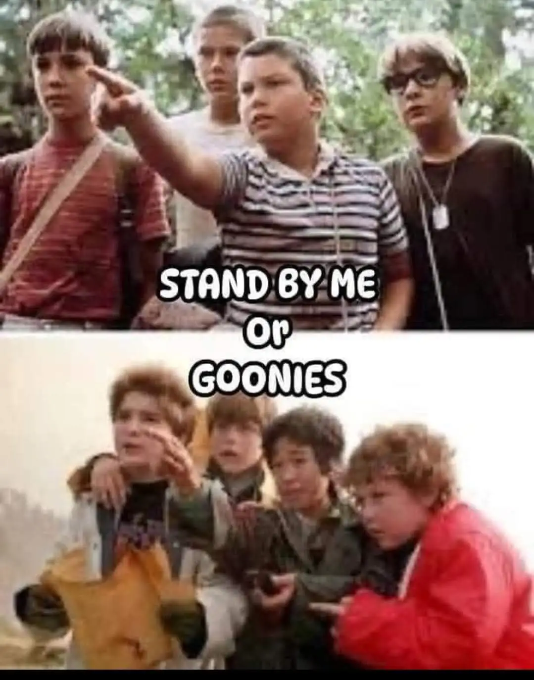 The top panel shows four young boys from the movie 'Stand by Me,' with one pointing forward. The bottom panel shows four…