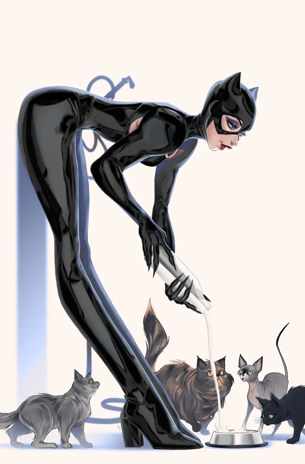 A woman in a black, shiny, full-body cat-themed costume with cat ears and a mask is bending over to pour milk from a bottle…