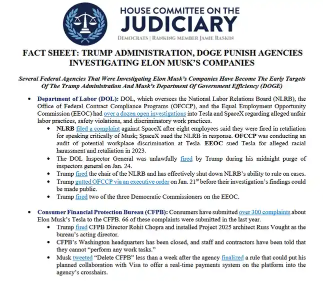 A fact sheet from the House Committee on the Judiciary, titled 'FACT SHEET: TRUMP ADMINISTRATION, DOGE PUNISH AGENCIES…
