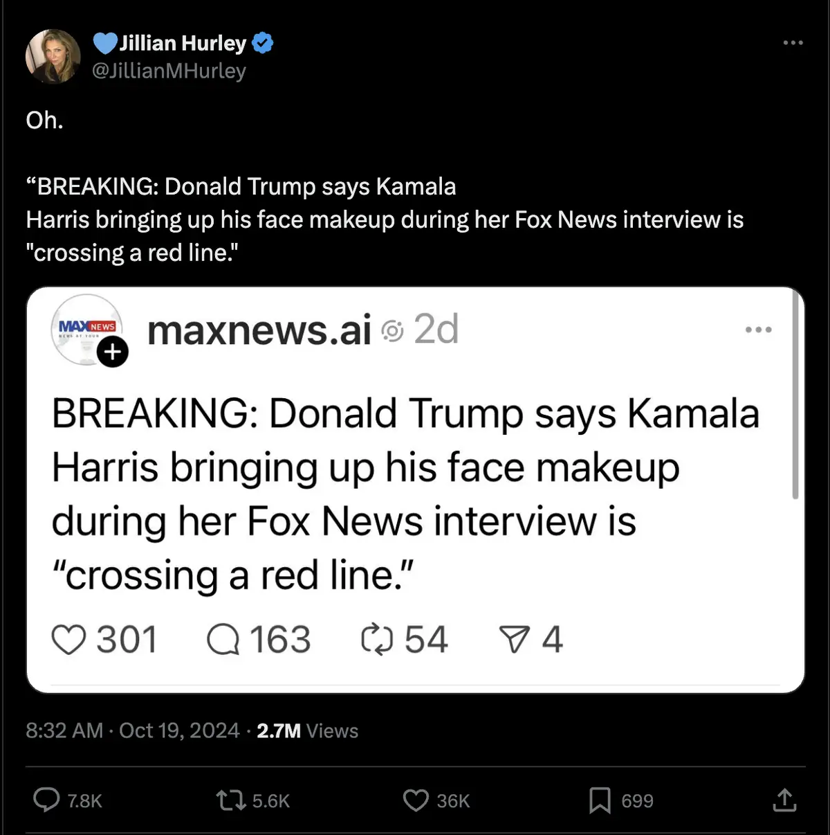 A screenshot of a tweet by Jillian Hurley showing a tweet from maxnews.ai that reads 'BREAKING: Donald Trump says Kamala…