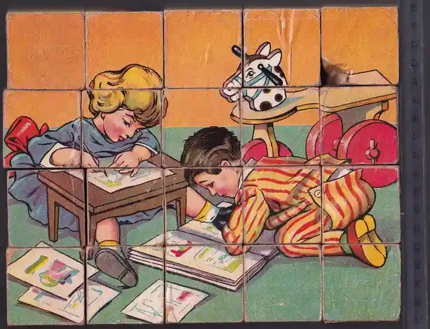 A vintage, tiled illustration shows two children, a girl and a boy, both asleep at their desks with schoolbooks and papers…