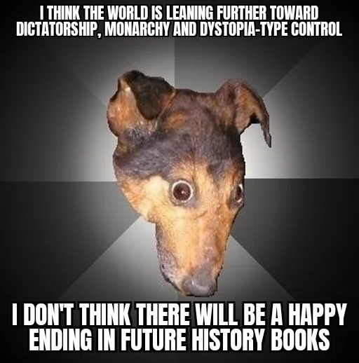 A close-up image of a dog's head with wide, startled eyes, set against a dark, radiating background. The text at the top…