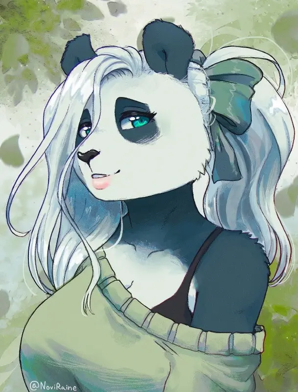 An anime-style illustration of a female anthropomorphic panda with long silver hair tied in a ponytail with a green bow…