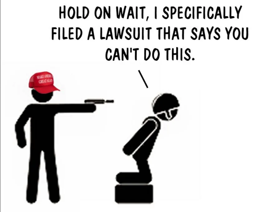 A black stick figure wearing a red 'MAKE AMERICA GREAT AGAIN' cap points a gun at another black stick figure who is bowing…