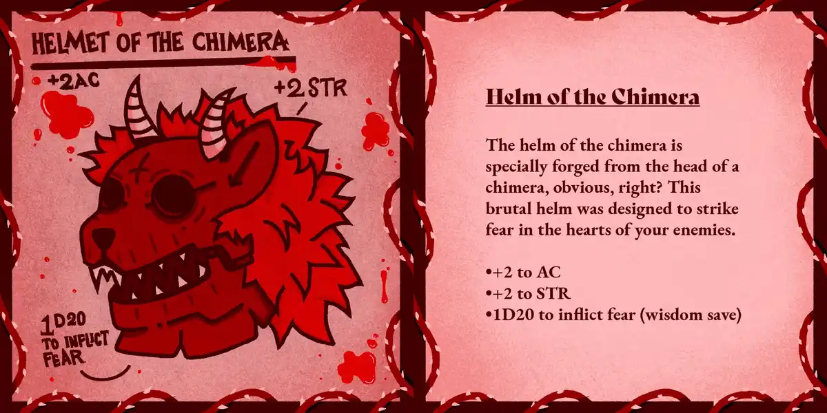The image displays a fantasy game item card for 'Helmet of the Chimera,' featuring a cartoonish red chimera head with horns…