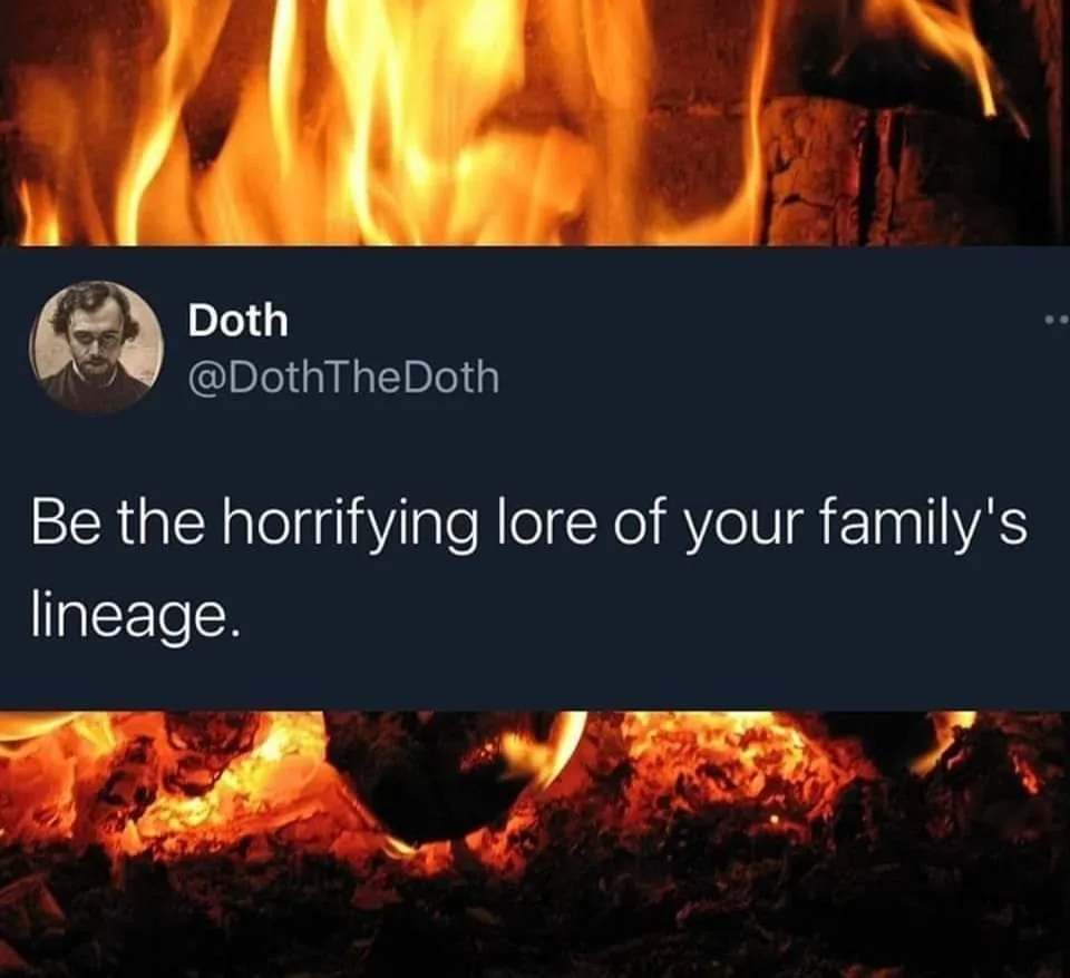 A screenshot of a tweet from user Doth (@DothTheDoth) overlaid on a background image of a roaring fire with glowing embers…