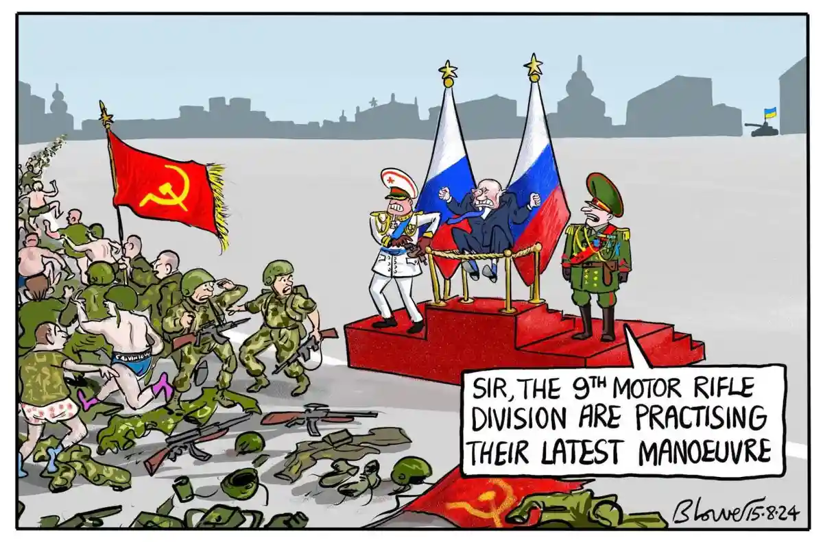 A cartoon depicts a chaotic military scene where soldiers in camouflage uniforms, many shirtless and wearing underwear, are…