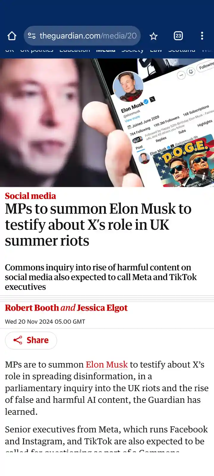A screenshot of a Guardian news article about MPs summoning Elon Musk to testify about X's role in UK summer riots, overlaid…