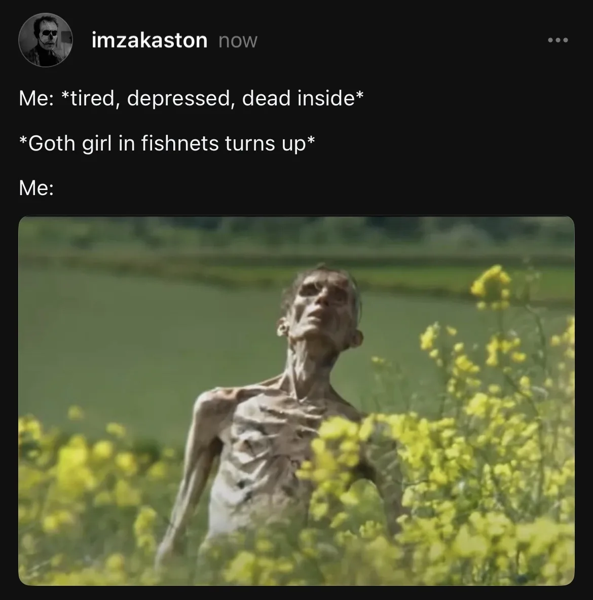 A screenshot of an Instagram post by 'imzakaston' shows a person in a skeletal, emaciated state standing in a field of…