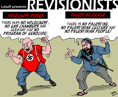 A cartoon by Latuff presents two men shouting denialist claims: one in a red shirt with a swastika, labeled 'HOLOCAUST…