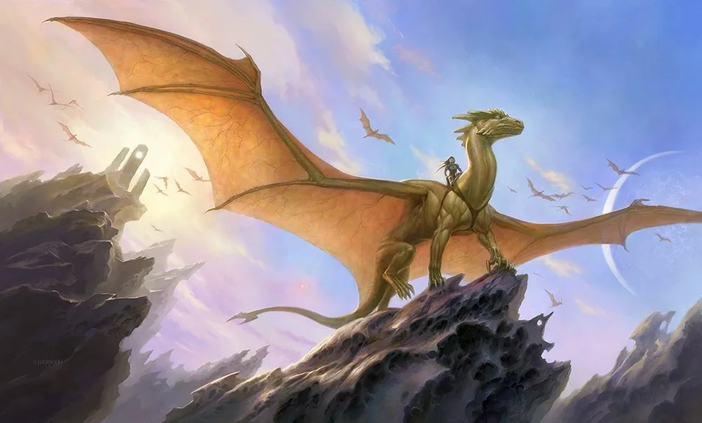 A majestic golden dragon with expansive wings perches atop a jagged mountain peak, a tiny rider strapped to its back. The…
