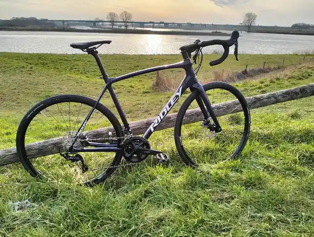 A dark purple Ridley road bicycle is leaning against a wooden fence post in a grassy field beside a river, with a bridge…