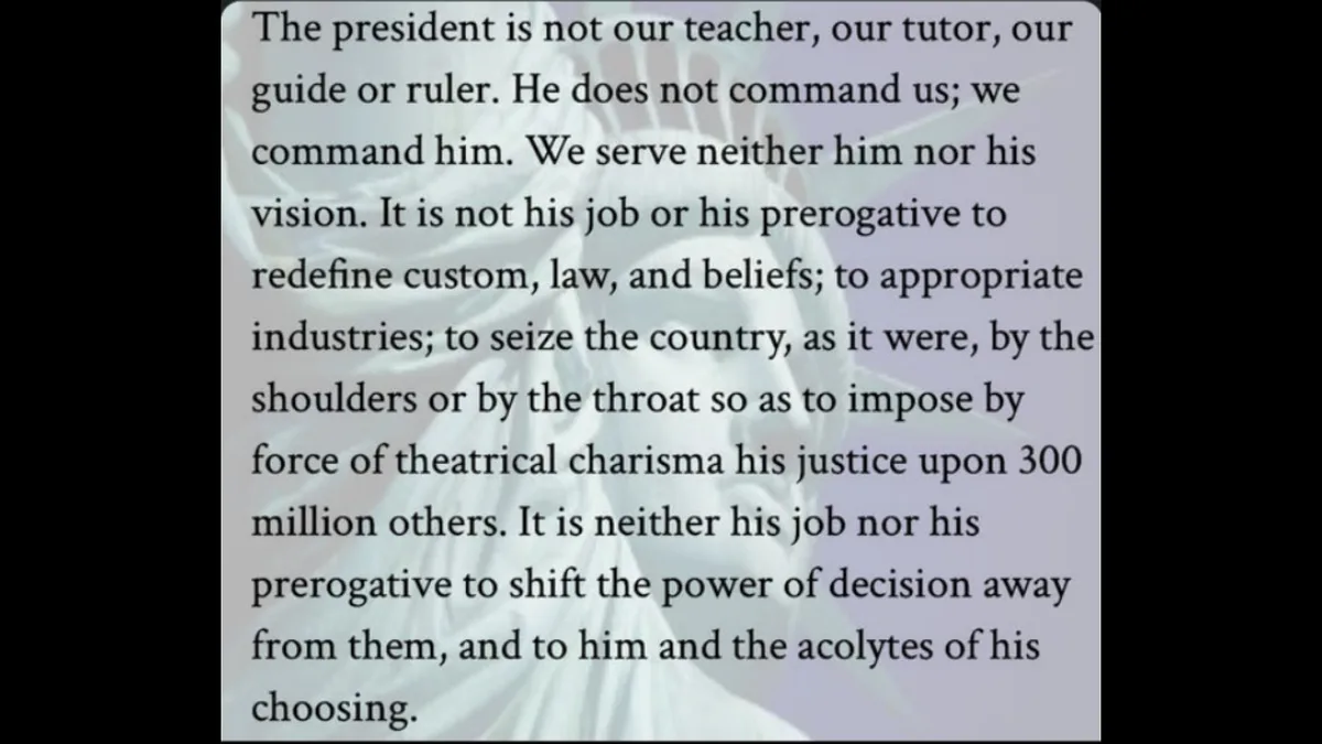 A text overlay on a blurry image of a person in a suit, likely a political figure, states a lengthy, formal declaration that…