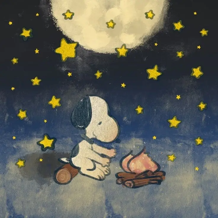 A cartoon illustration shows Snoopy, the white beagle with a black patch over one eye, sitting cross-legged on a log under a…