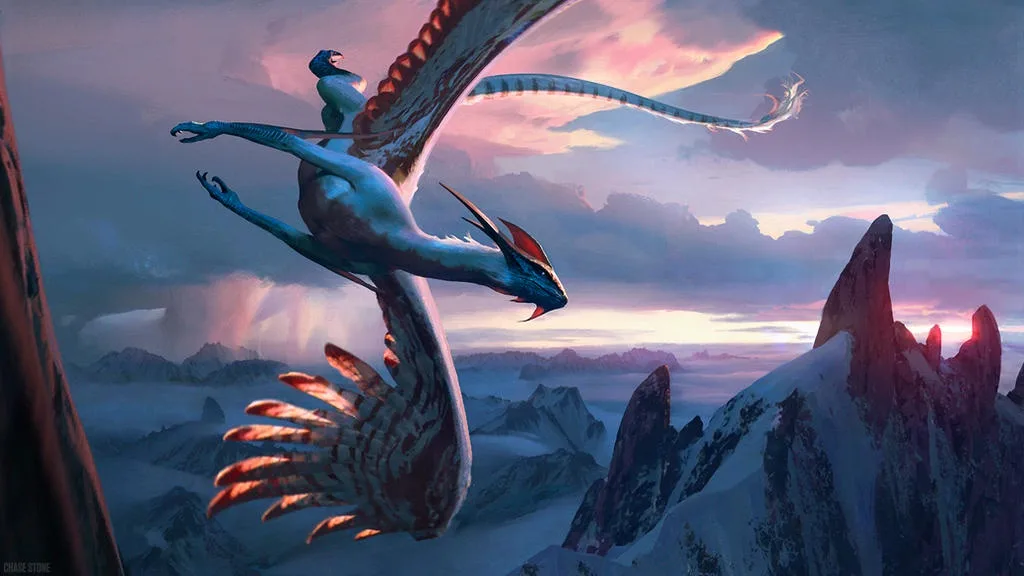 A majestic blue dragon with red-tipped wings and tail soars over a snowy mountain range at sunset. A rider sits atop its…